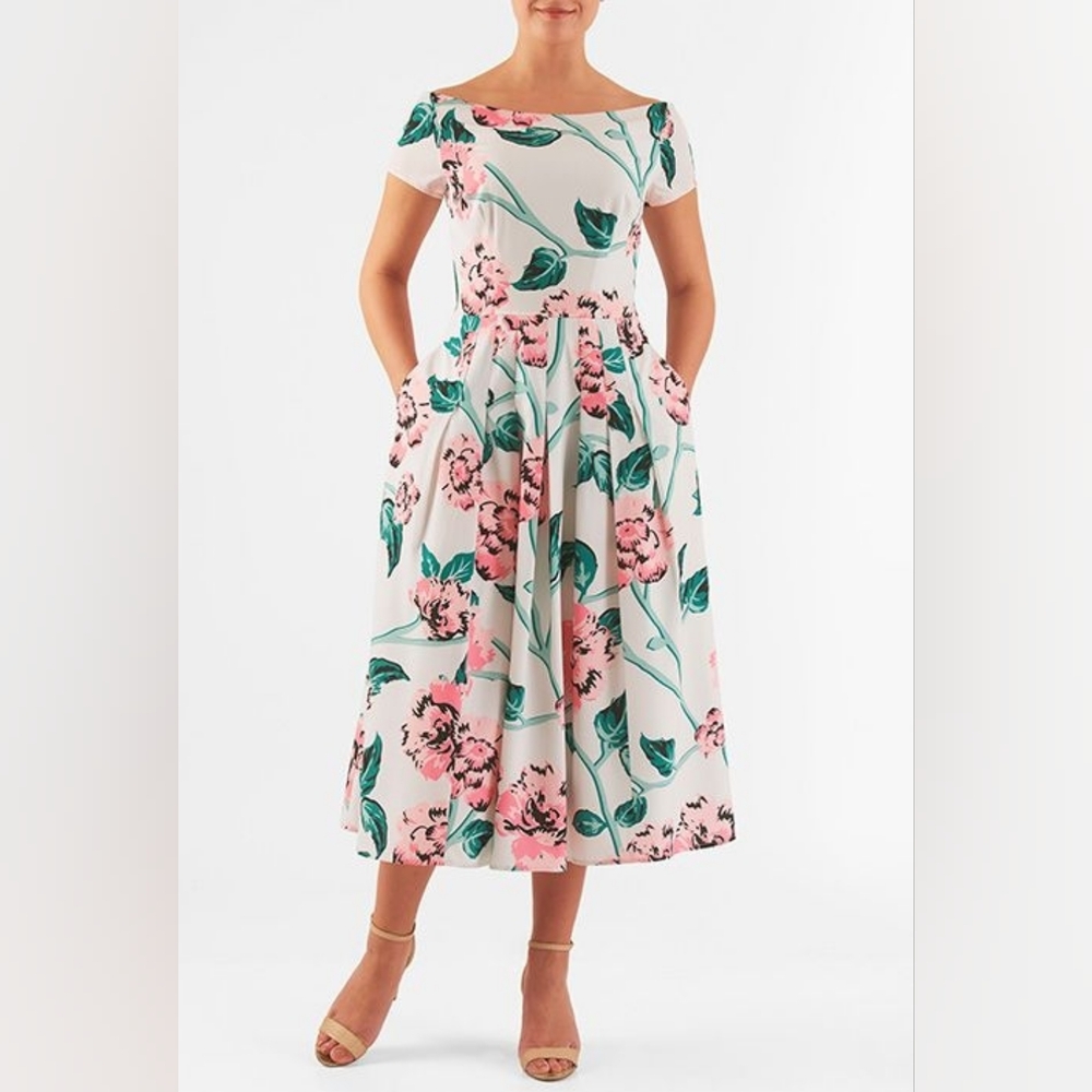eShakti White Dress with Pink Floral & Green Leaf Print